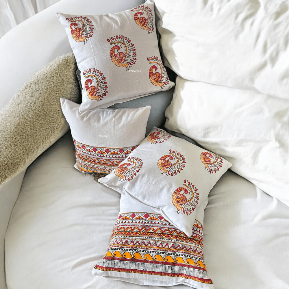 Madhubani Cotton Cushion Covers with Zipper - Set of 4 - 16x16 inch - Image 3