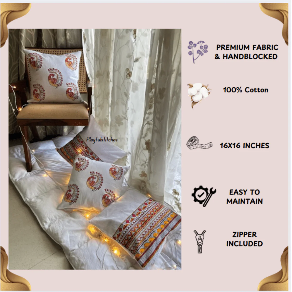 Madhubani Cotton Cushion Covers with Zipper - Set of 4 - 16x16 inch - Image 5