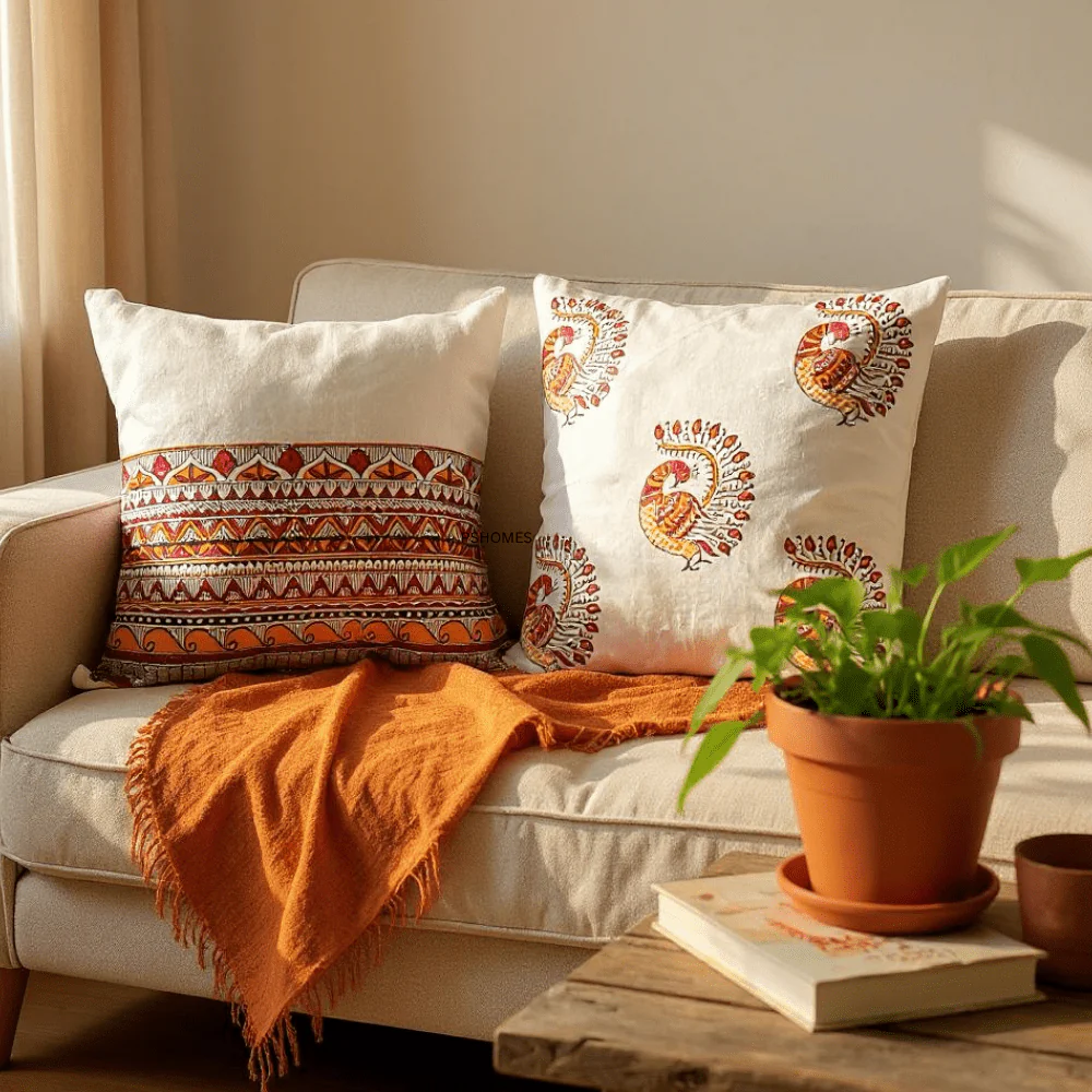 Madhubani Cotton Cushion Covers with Zipper - Set of 4 - 16x16 inch - Image 6