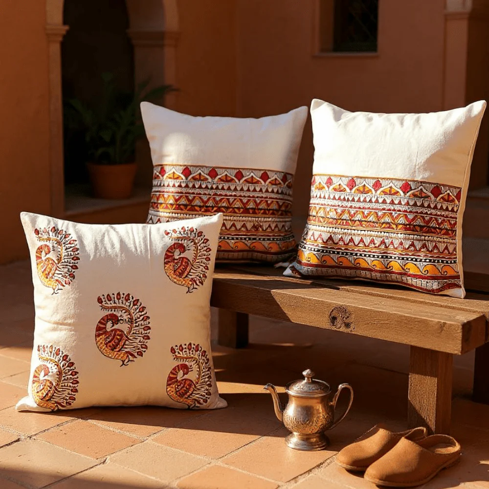 Madhubani Cotton Cushion Covers with Zipper - Set of 4 - 16x16 inch - Image 7