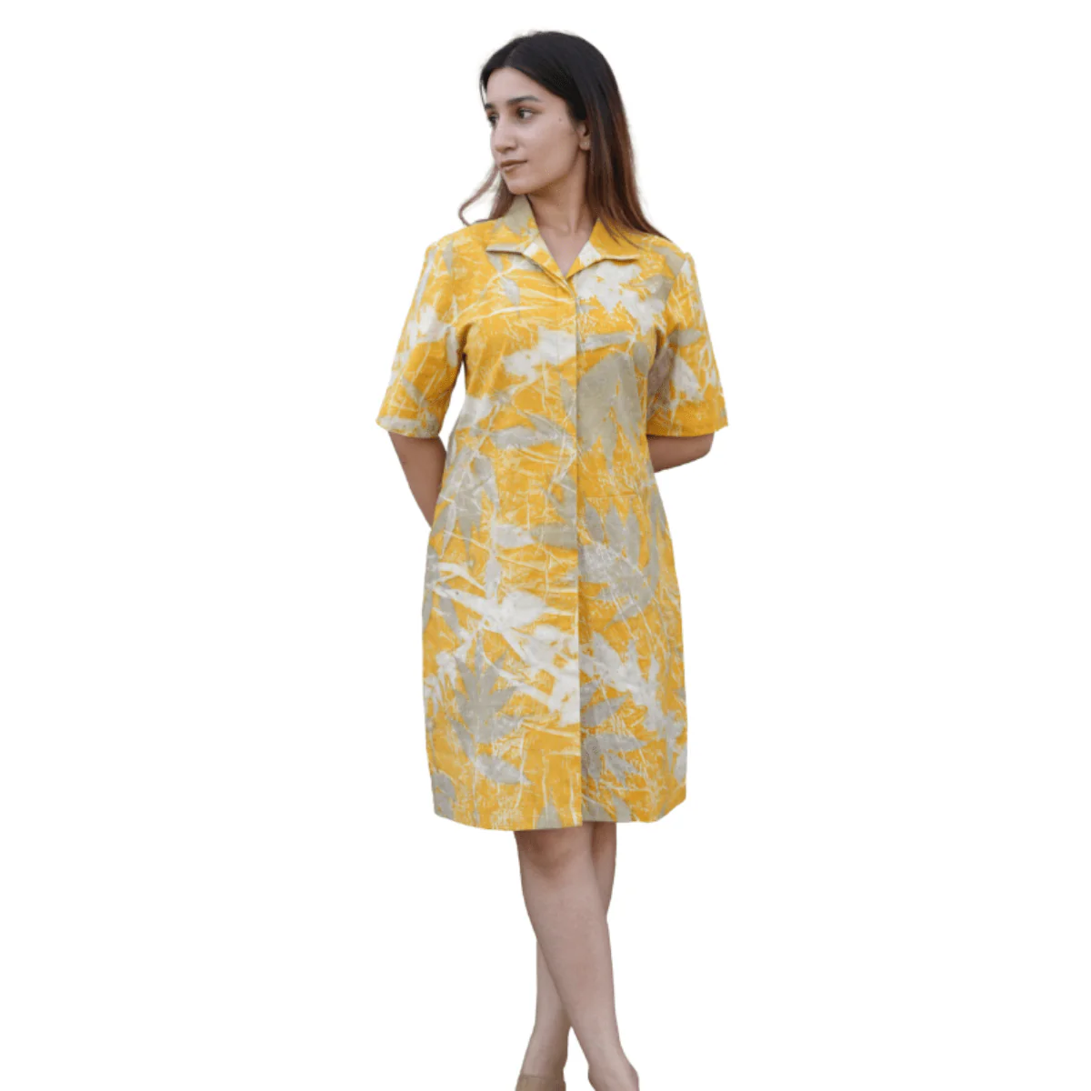 Marigold Leaftrace Eco-Printed Shirt Dress for Women | Organic Cotton - Image 6