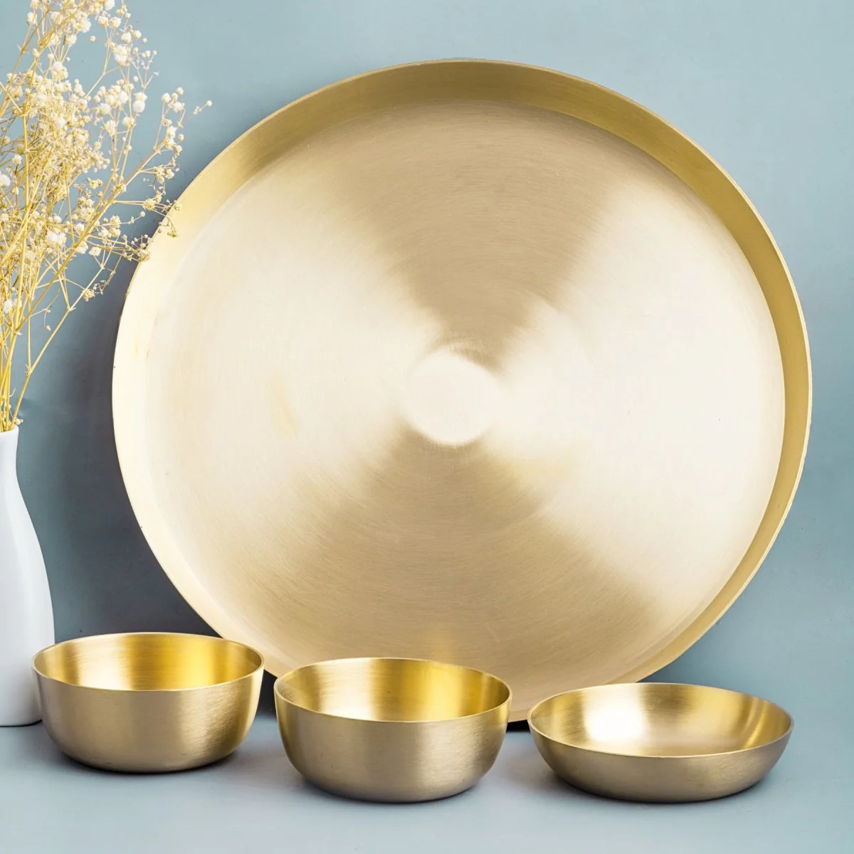 Matt Finish Handmade Bronze Thali Plate with 3 Katories/ Bowls - Image 2