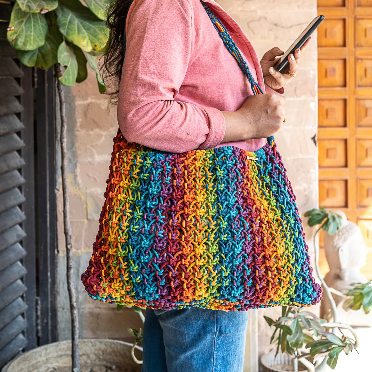 Maya Blended Striped Hand-Knotted Tote | Artisan Handmade Bag - Image 3
