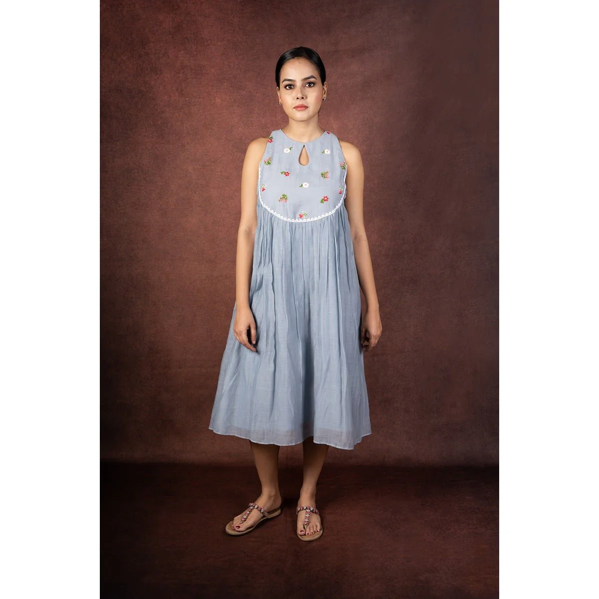 Megh - Soft Powder Blue Flared Chanderi Dress with Embroidered Yoke - Image 4