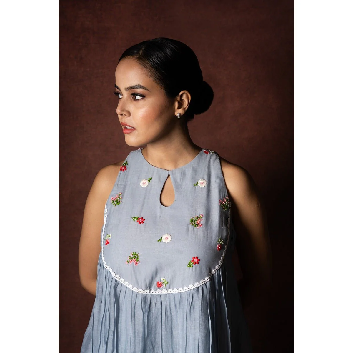 Megh - Soft Powder Blue Flared Chanderi Dress with Embroidered Yoke - Image 5