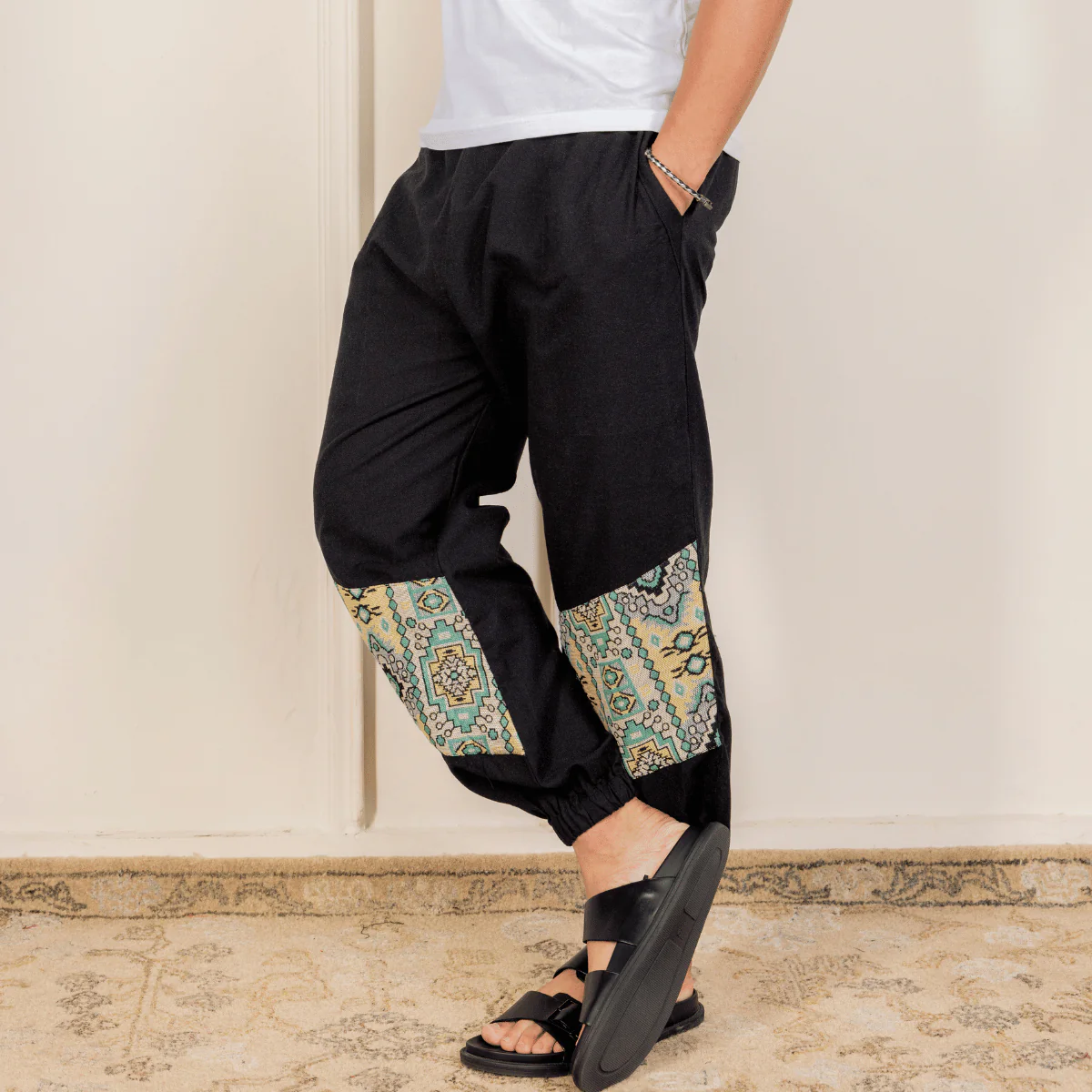 Men's Joggers | Black Patterned Patch | Fits Waist Sizes 30" to 38"