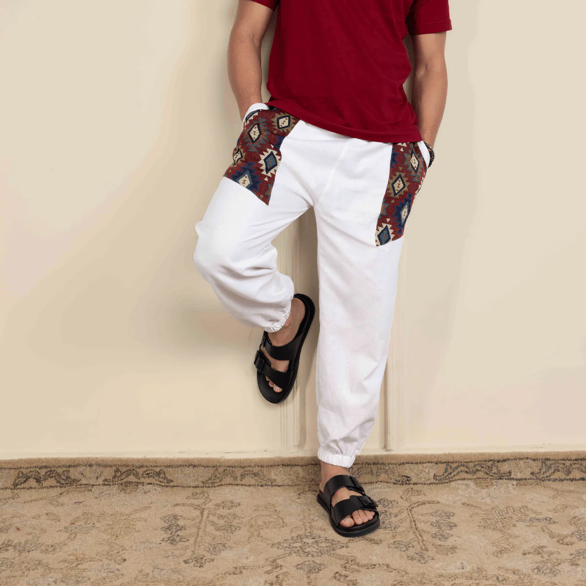 Men's Joggers | White Patterned Patch | Fits Waist Sizes 30" to 38"