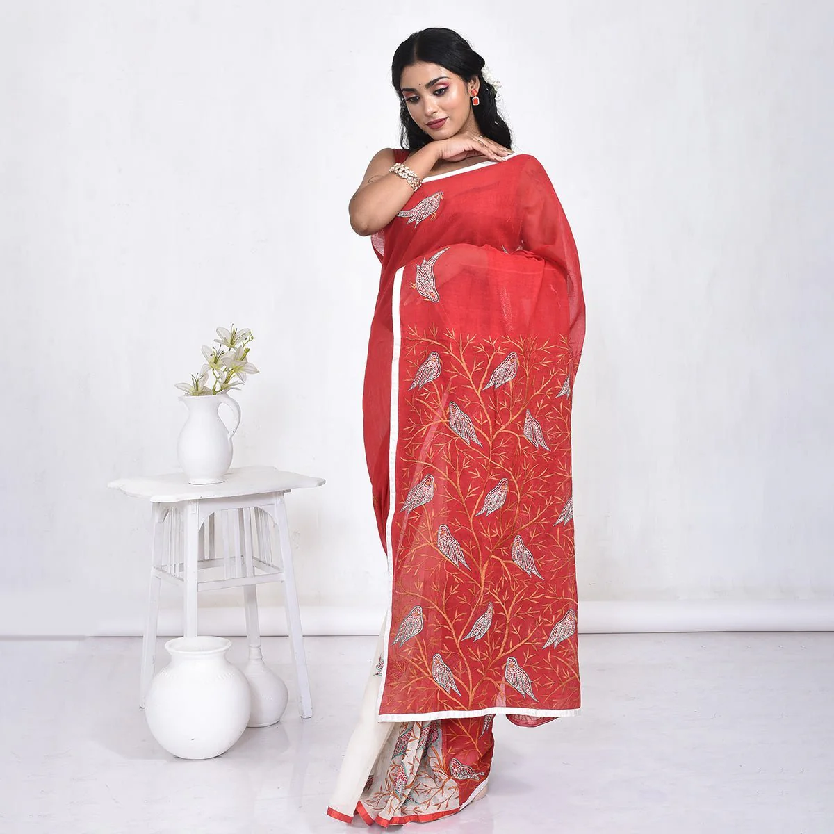 Mercerised Cotton Hand Embroidered Saree - Image 2