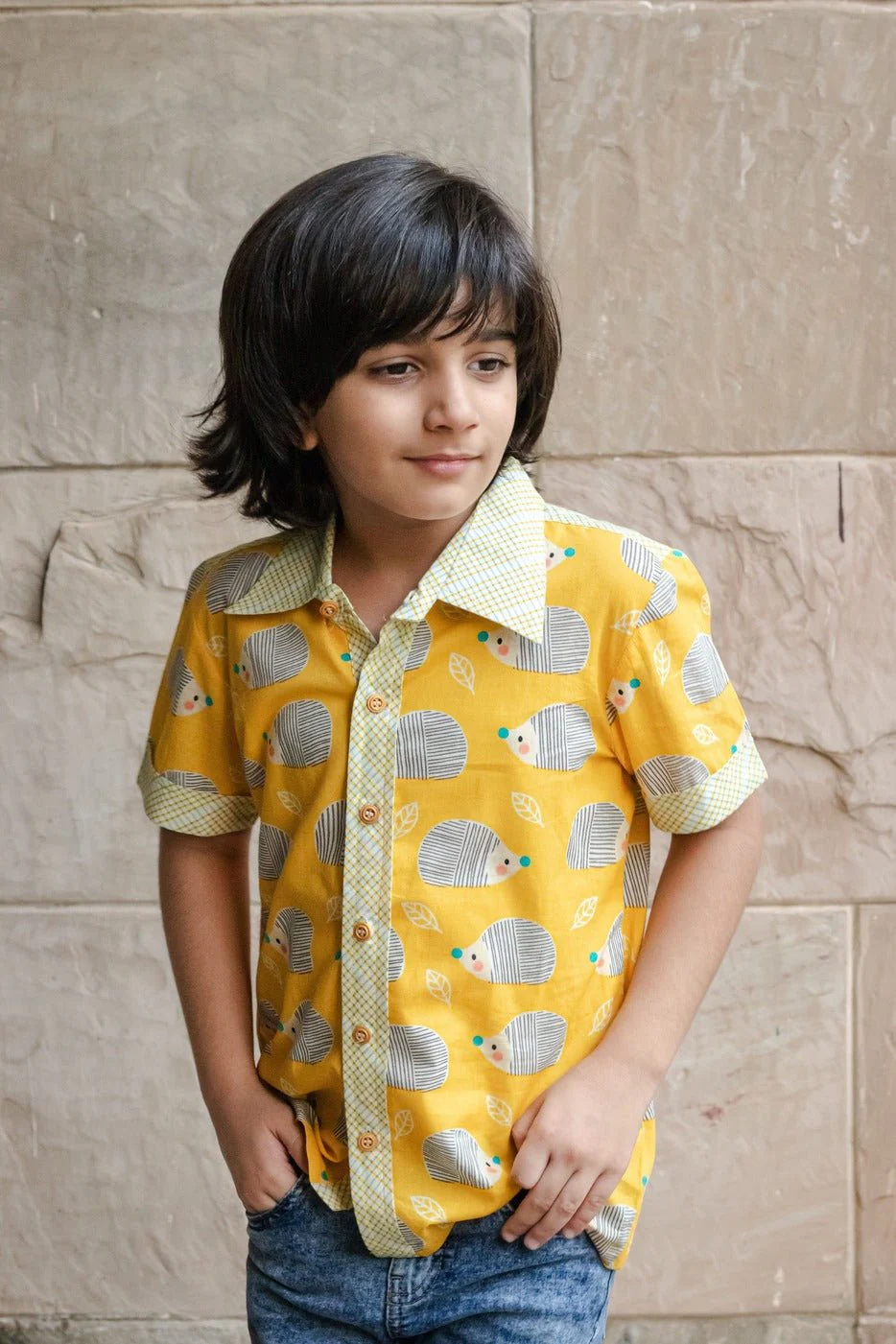 Milo Shirt I Yellow Hedgehog Print Cotton Shirt for Boys