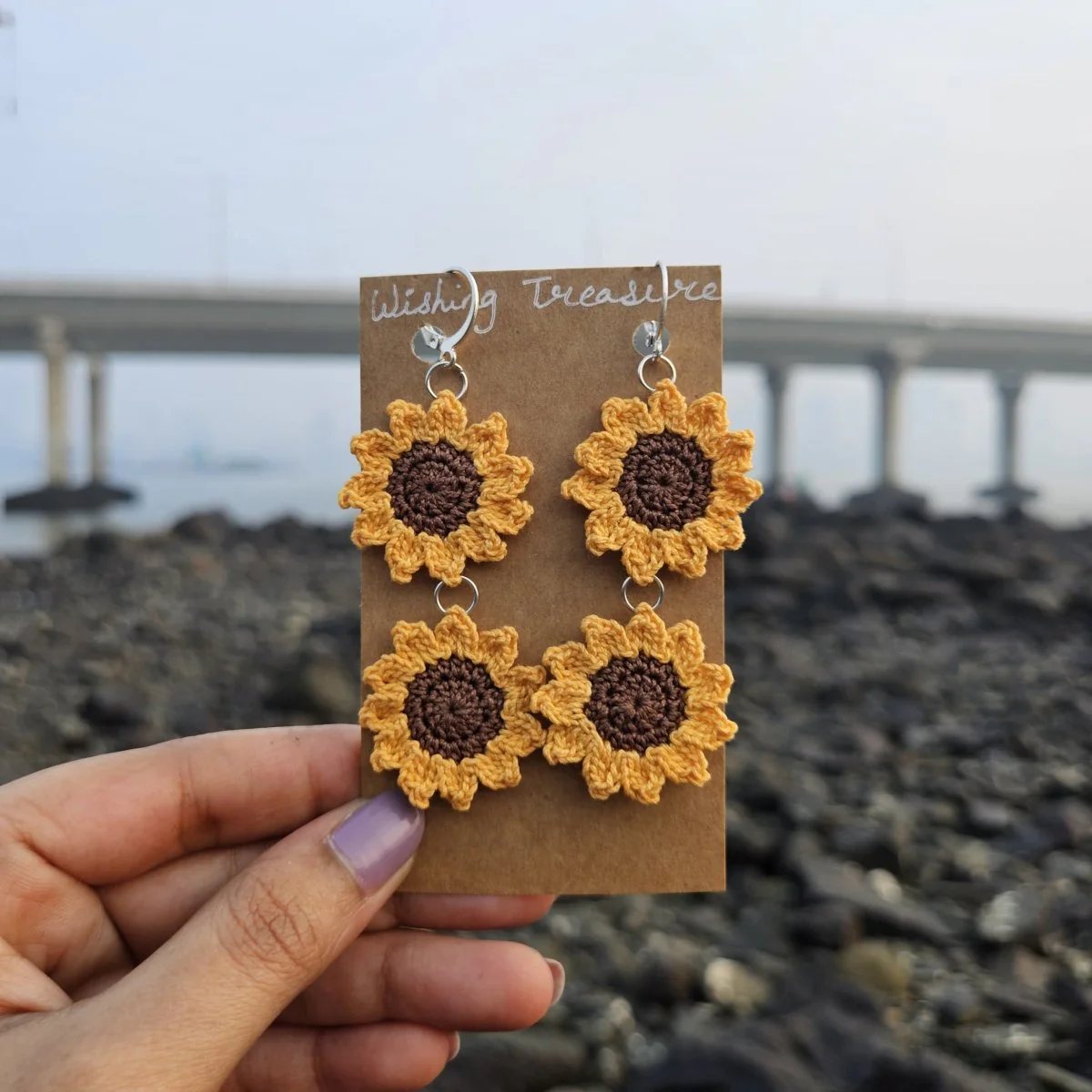 Minimal Sunflower Hand Crochet Earrings - Image 5