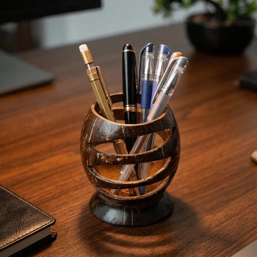 Natural Coconut Shell Pen Stand | Pen Holder - Image 2
