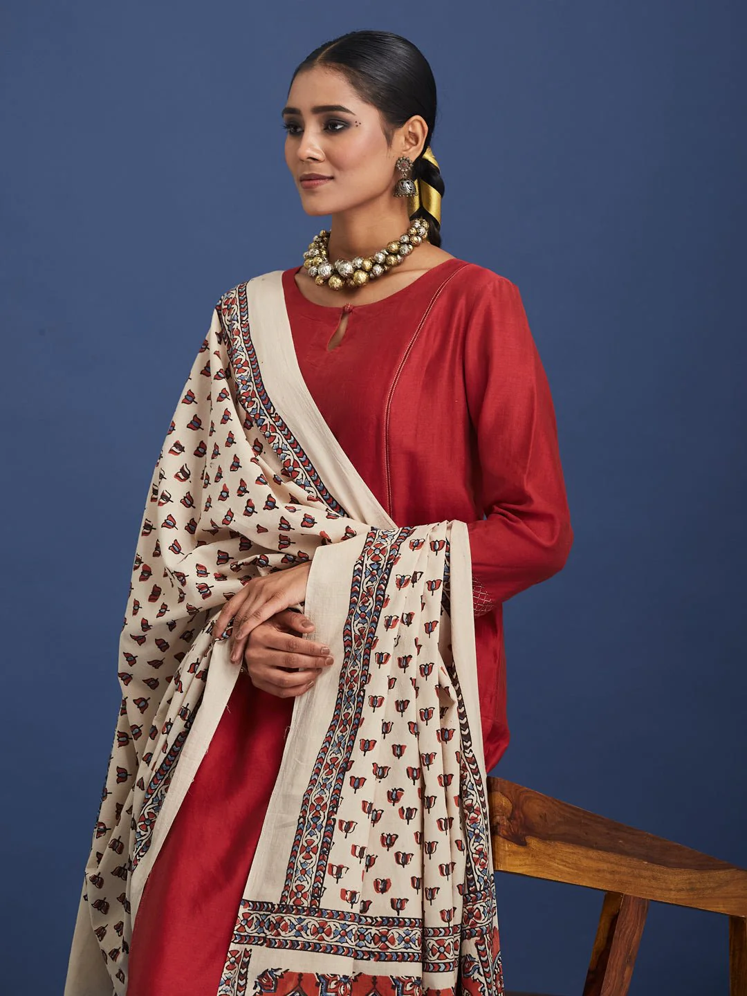 Natural Dyed Hand Block Printed Cotton Ajrakh Dupatta with Pom Pom - Image 2