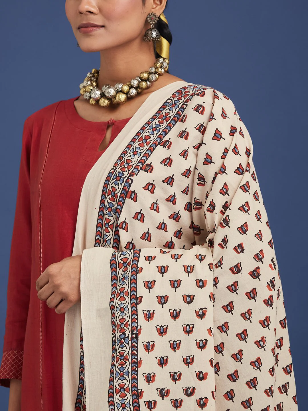 Natural Dyed Hand Block Printed Cotton Ajrakh Dupatta with Pom Pom - Image 3