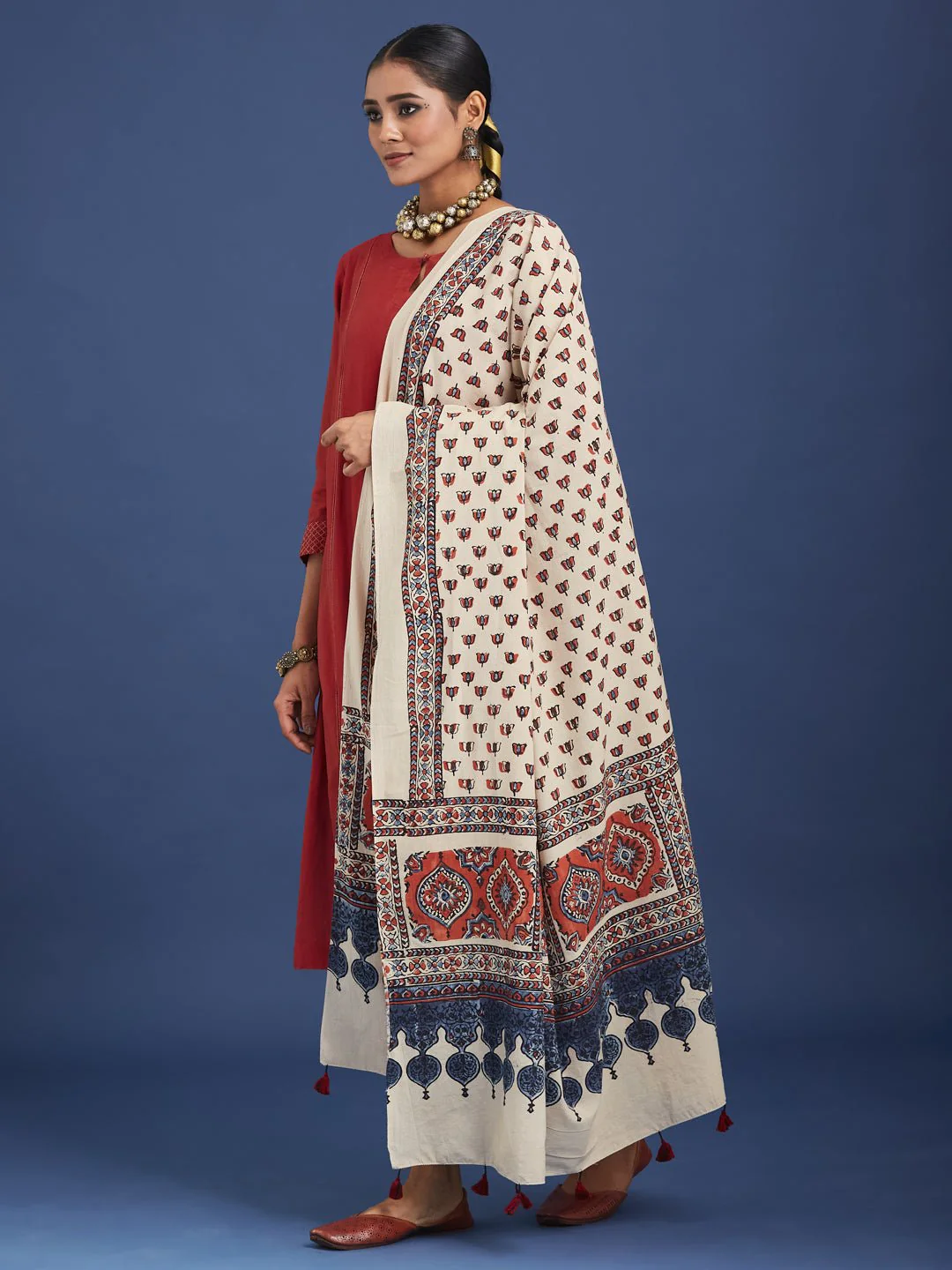 Natural Dyed Hand Block Printed Cotton Ajrakh Dupatta with Pom Pom - Image 4