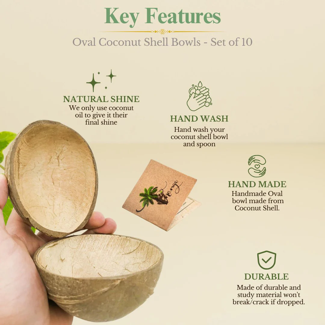 Natural Oval Coconut Shell Bowls- 150ml (Set of 10) - Image 4