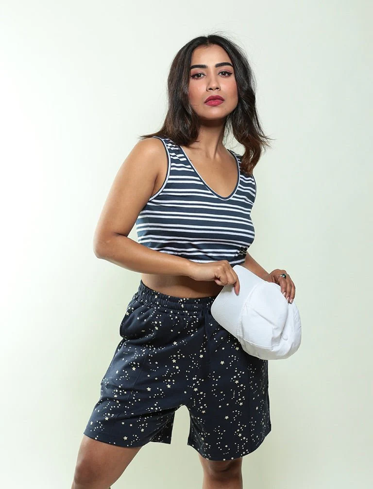 Nautical Crop Biowashed Organic Cotton Top- Navy Blue - Image 4