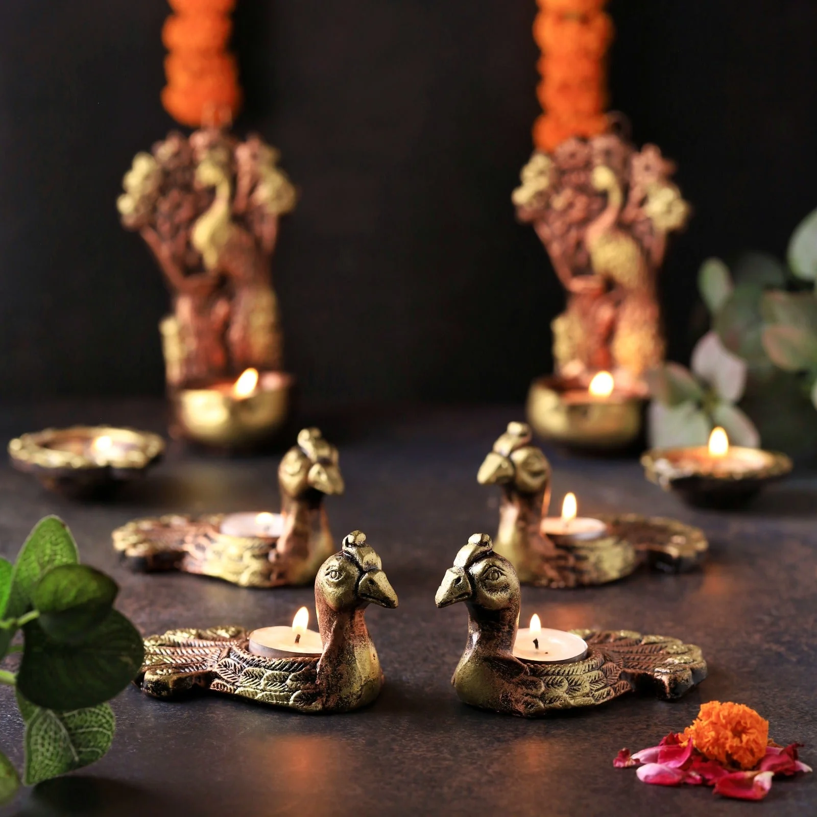Neck Peacock T-Light Diya Set – Decorative Diya - Image 2