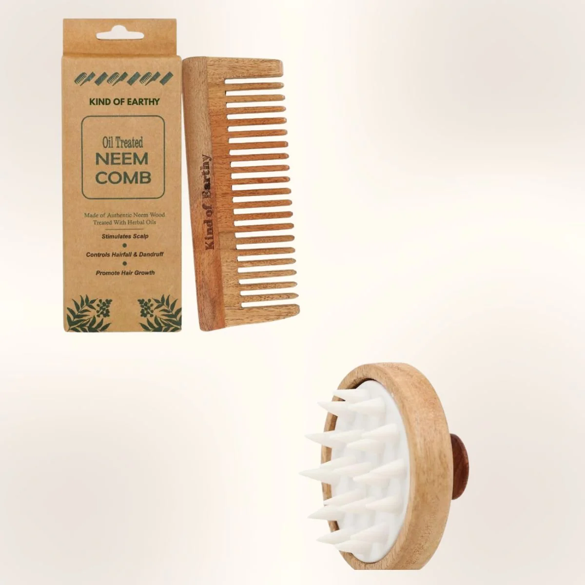 Neem Wood After Shampoo Comb & Wooden Round Shampoo Scalp Massager - Image 2