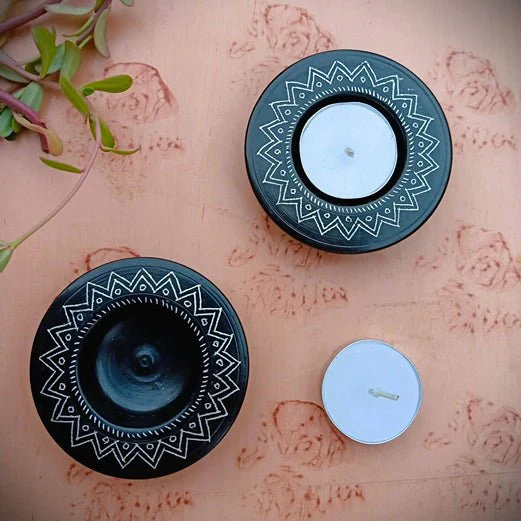 Nizamabad Black Pottery T-Light holder - Set of 2 - Image 2
