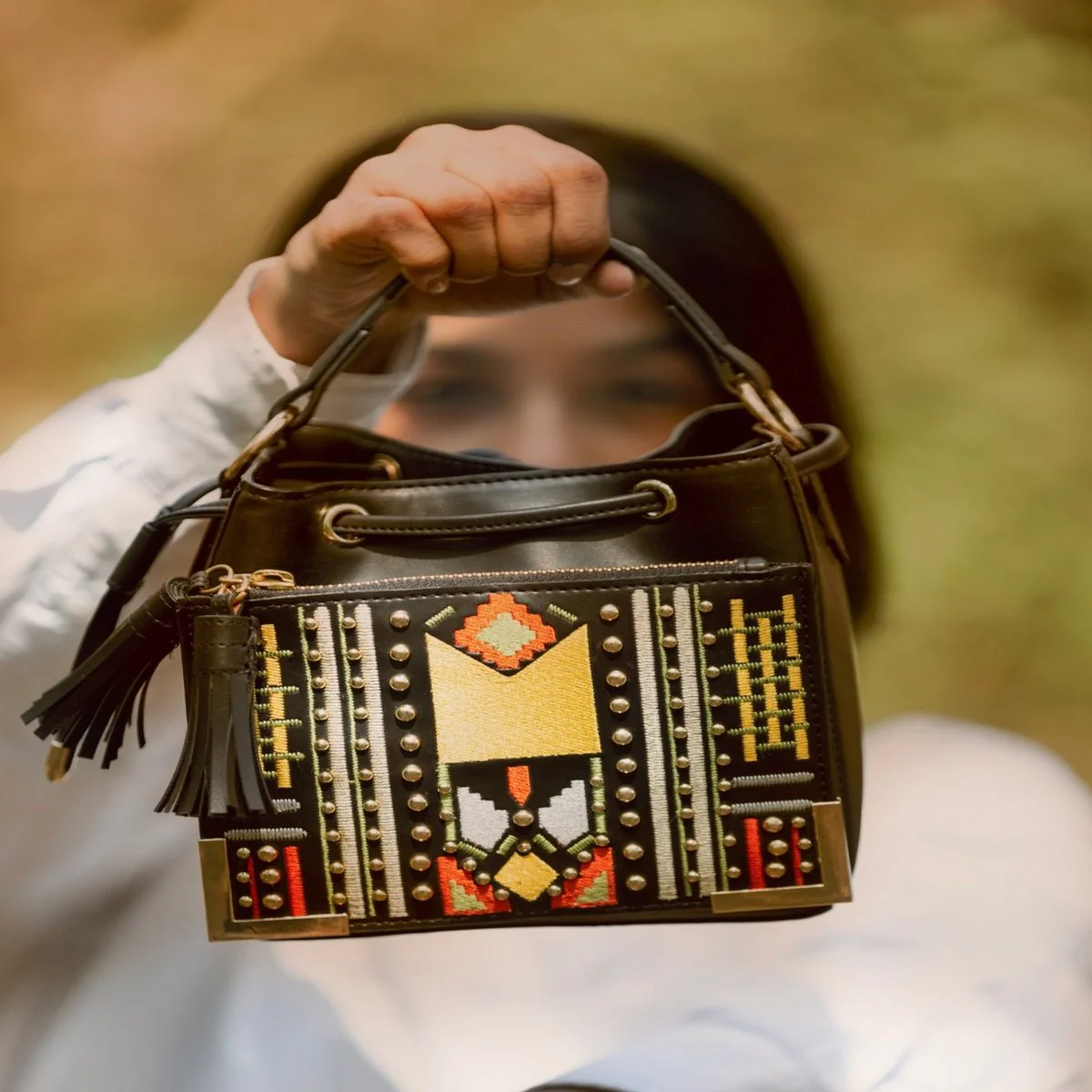 Nora Vegan Leather Embroidered Sling Bag - Black - Image 5