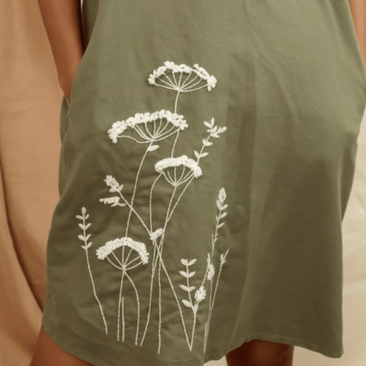 Olive Green Linen Anti Fit Drop Shoulder Dress With Hand Embroidery - Image 2