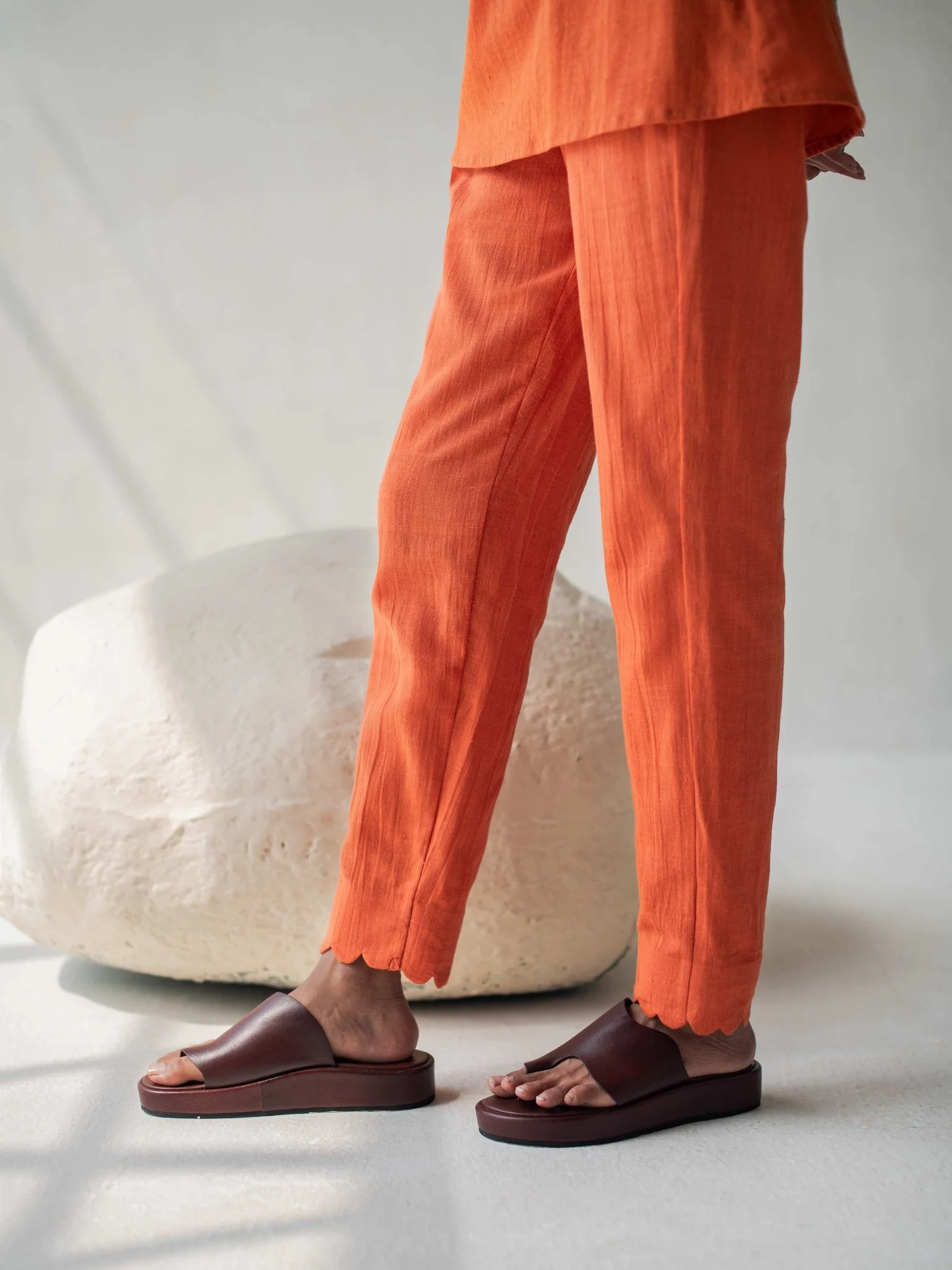 Orange Elegant Cotton Scalloped Straight Pants for Women - Image 2