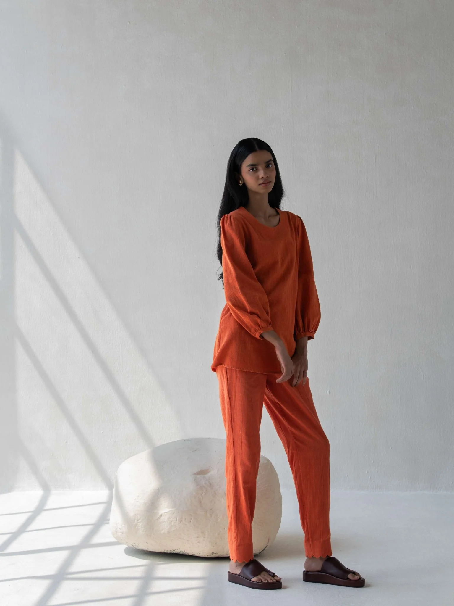 Orange Elegant Cotton Scalloped Straight Pants for Women - Image 4