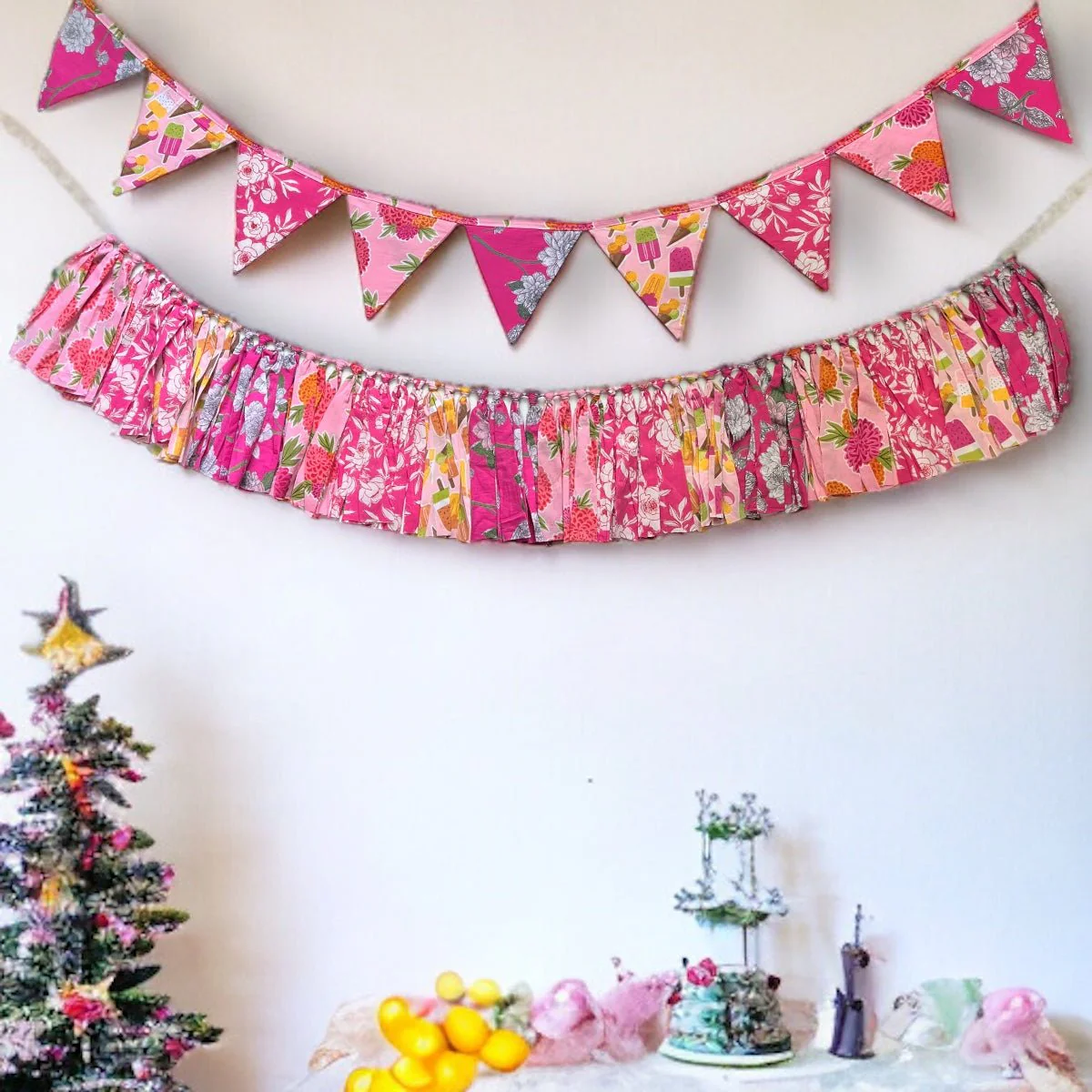 Party Pink Streamer Combo - Pink Banner Bunting + Pink Fringe Streamer Garland (Pack of 2)