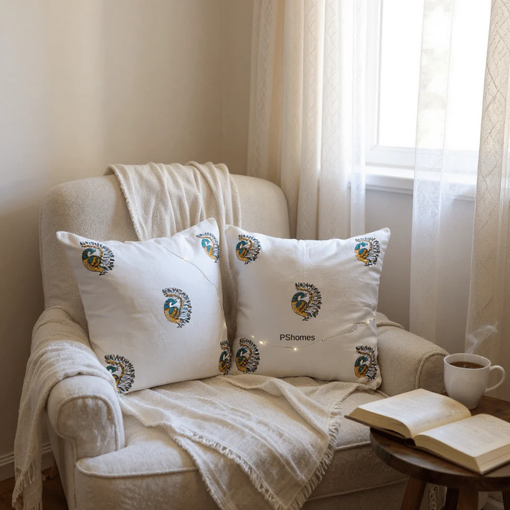 Peacock Cotton Cushion Covers – Set of 4 – 16x16 – Block Print