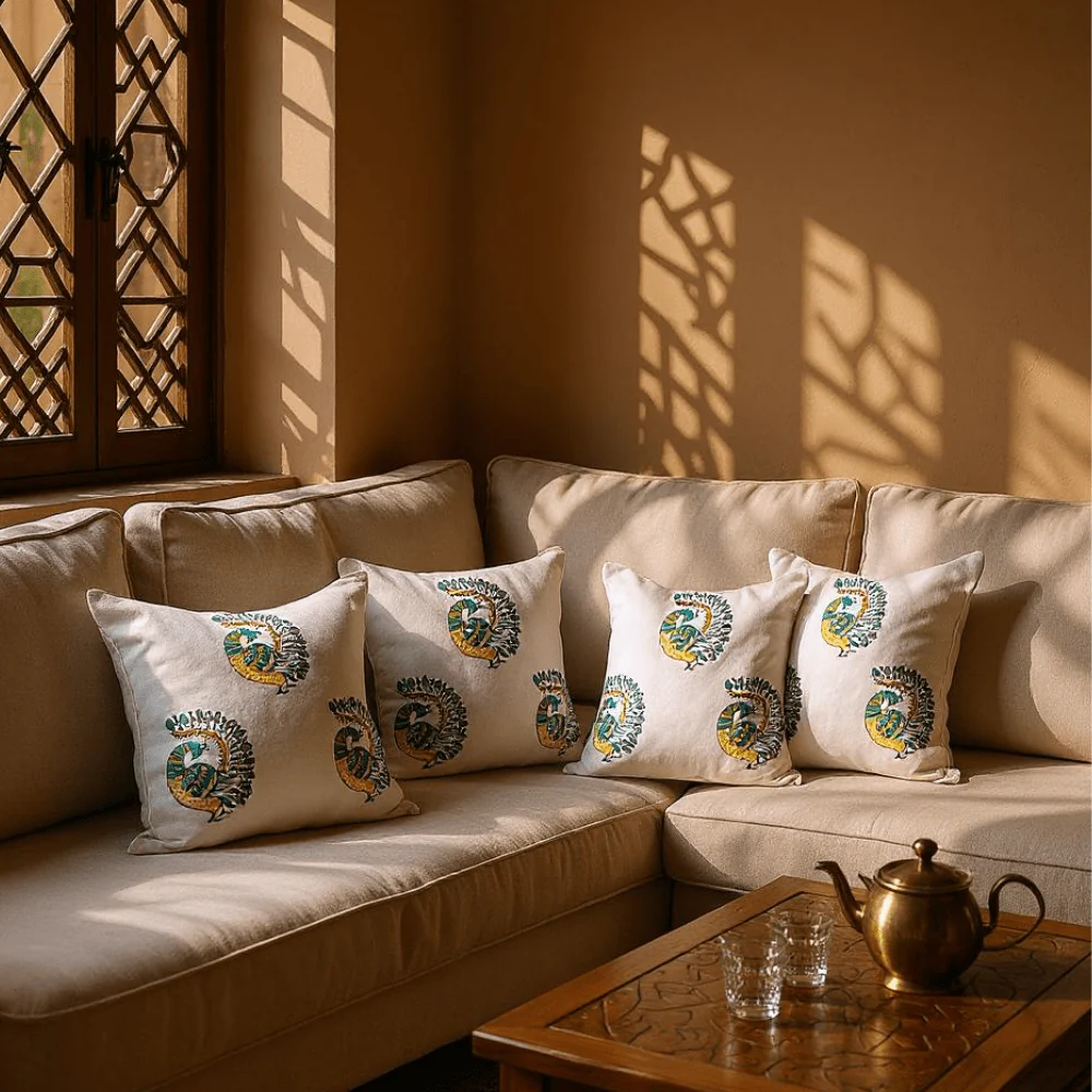 Peacock Cotton Cushion Covers – Set of 4 – 16x16 – Block Print - Image 11