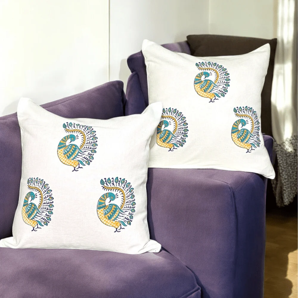 Peacock Cotton Cushion Covers – Set of 4 – 16x16 – Block Print - Image 3