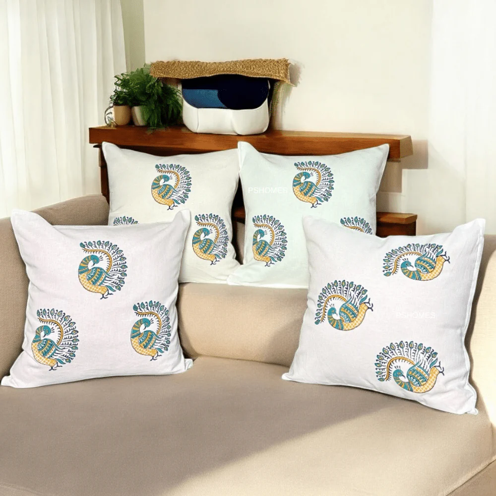 Peacock Cotton Cushion Covers – Set of 4 – 16x16 – Block Print - Image 4