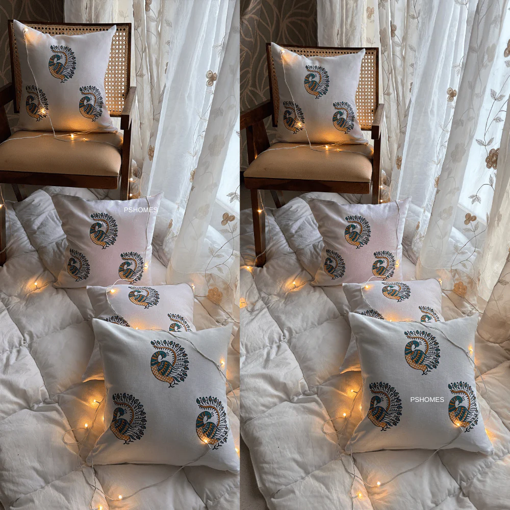 Peacock Cotton Cushion Covers – Set of 4 – 16x16 – Block Print - Image 8