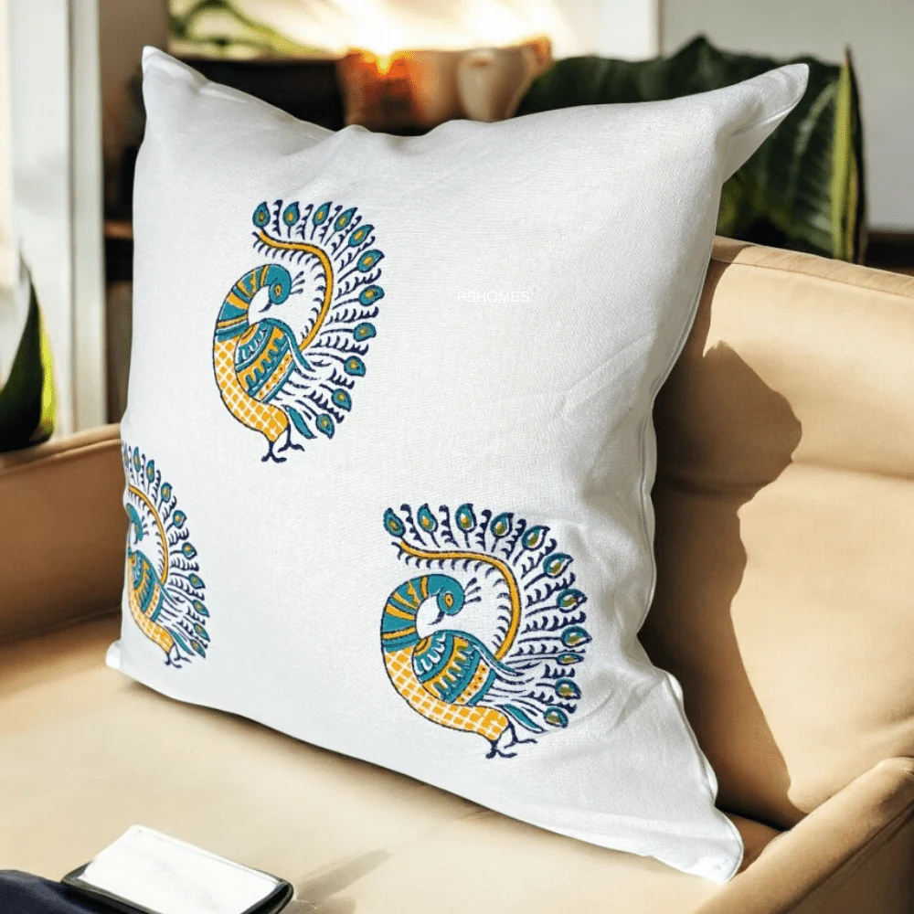 Peacock Cotton Cushion Covers – Set of 4 – 16x16 – Block Print - Image 9