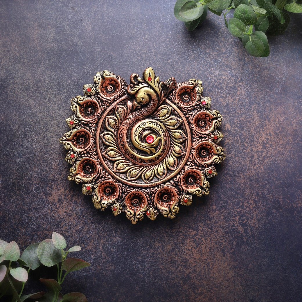 Peacock Design 11-Diya Platter – Diwali Celebration Decor