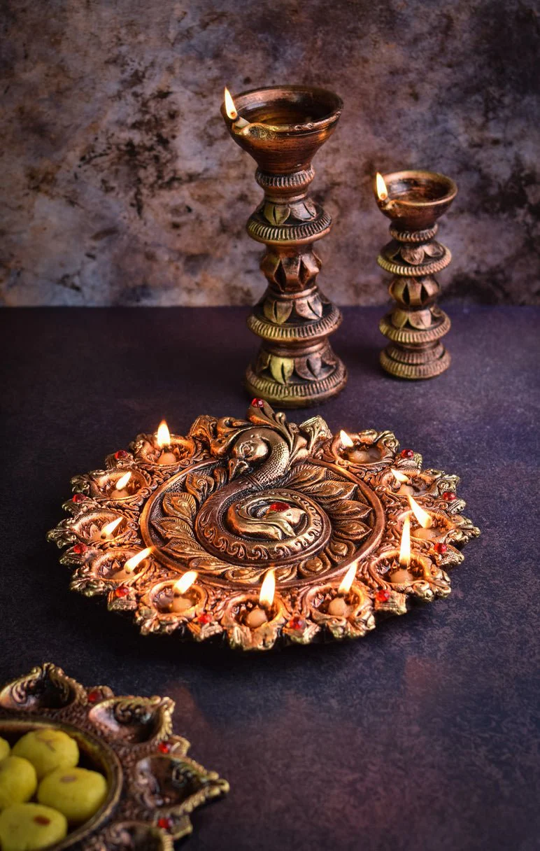 Peacock Design 11-Diya Platter – Diwali Celebration Decor - Image 3