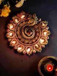 Peacock Design 11-Diya Platter – Diwali Celebration Decor - Image 4