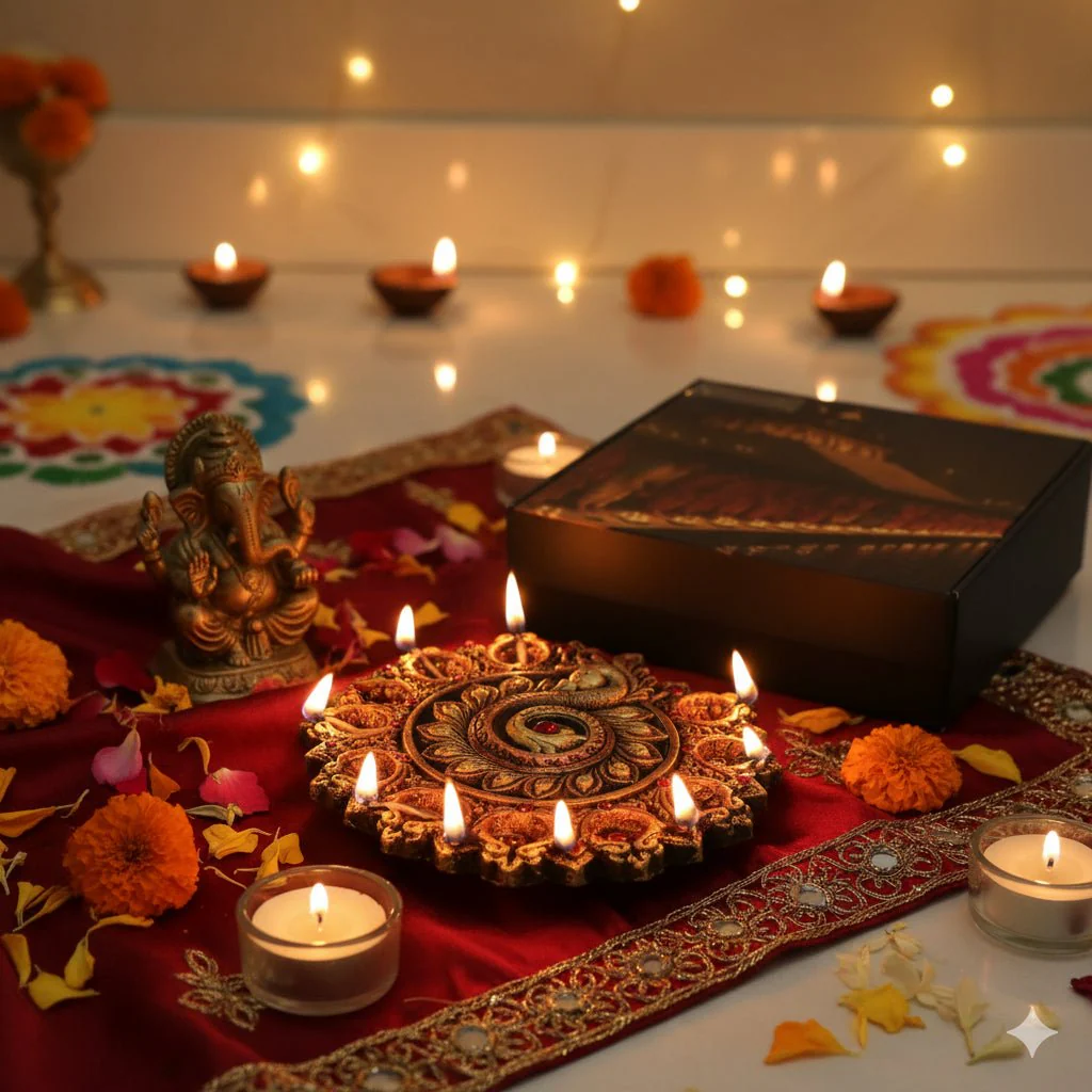 Peacock Design 11-Diya Platter – Diwali Celebration Decor - Image 6