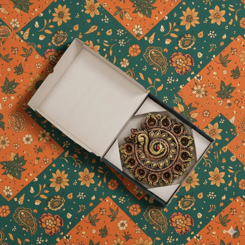 Peacock Design 11-Diya Platter – Diwali Celebration Decor - Image 7
