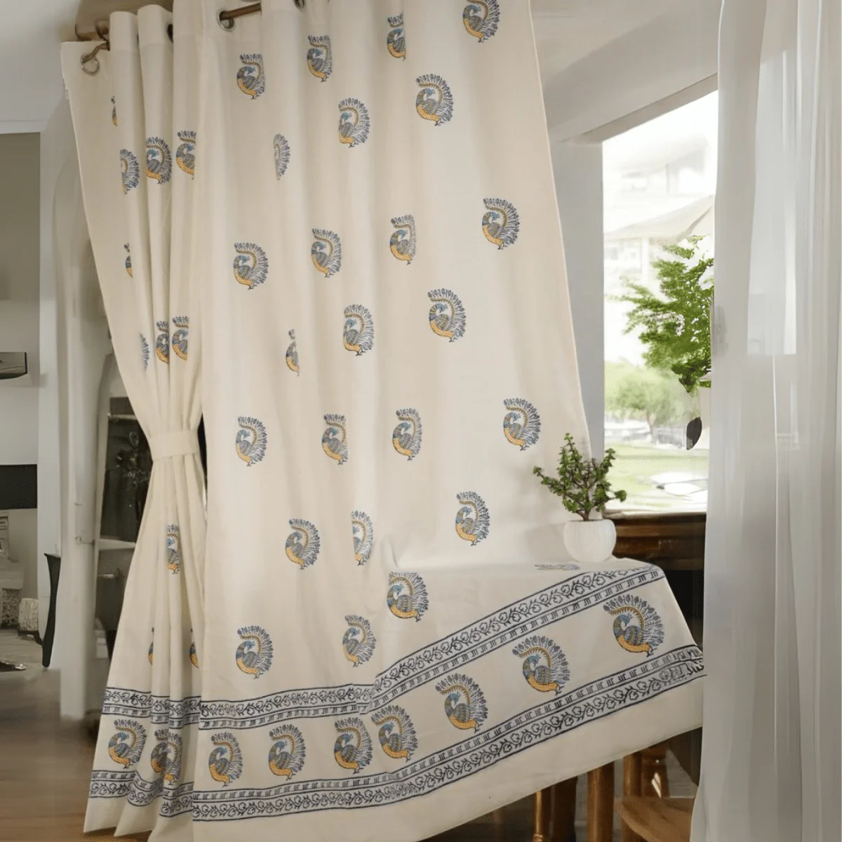 Peacock Print Cotton Door Curtain 7x4 Feet (Set of 2) - Image 2