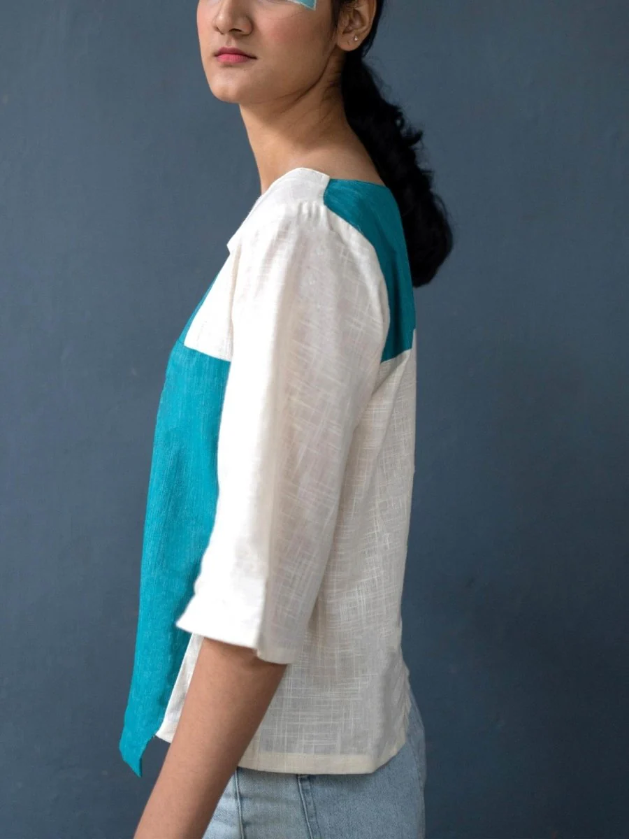 Peek-a-Boo Top | 100% Handwoven Cotton Fabric | Elegant Turquoise and Cream Cotton Top - Image 3