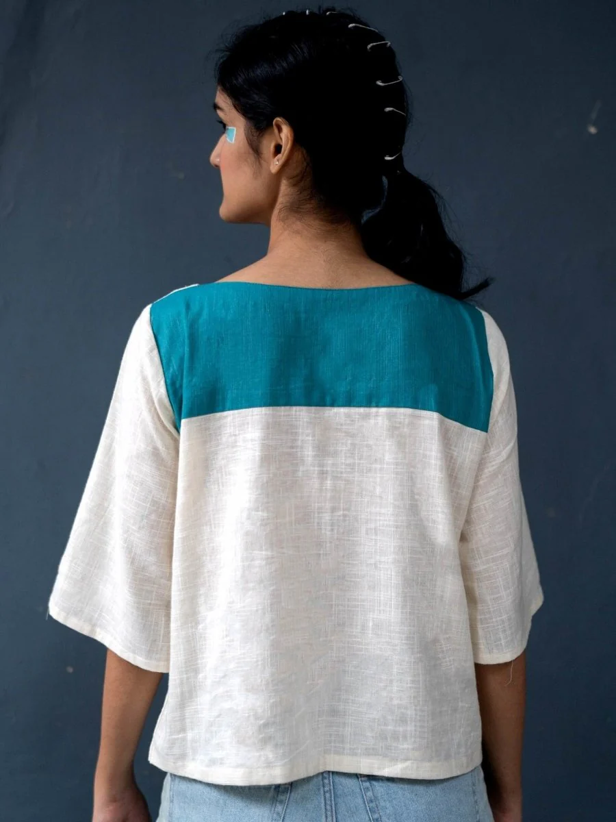 Peek-a-Boo Top | 100% Handwoven Cotton Fabric | Elegant Turquoise and Cream Cotton Top - Image 4