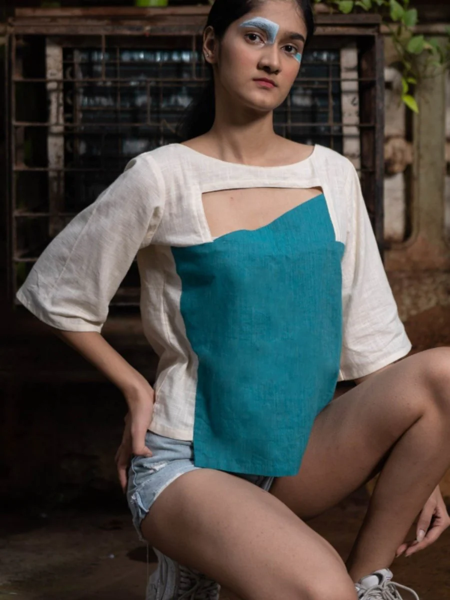 Peek-a-Boo Top | 100% Handwoven Cotton Fabric | Elegant Turquoise and Cream Cotton Top - Image 5