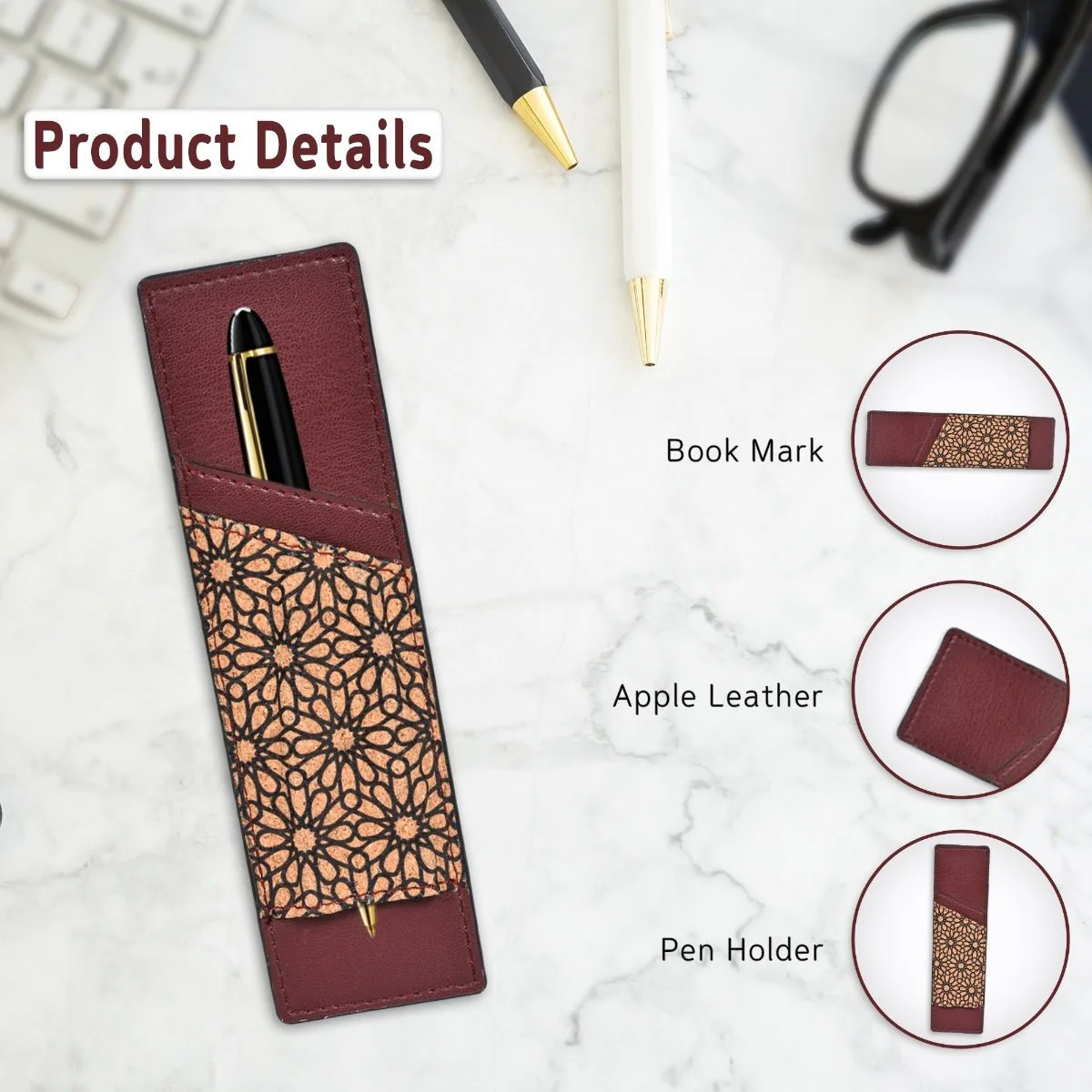 Pen Holder with Slot – Vegan Leather & Printed Cork (Maroon) - Image 2