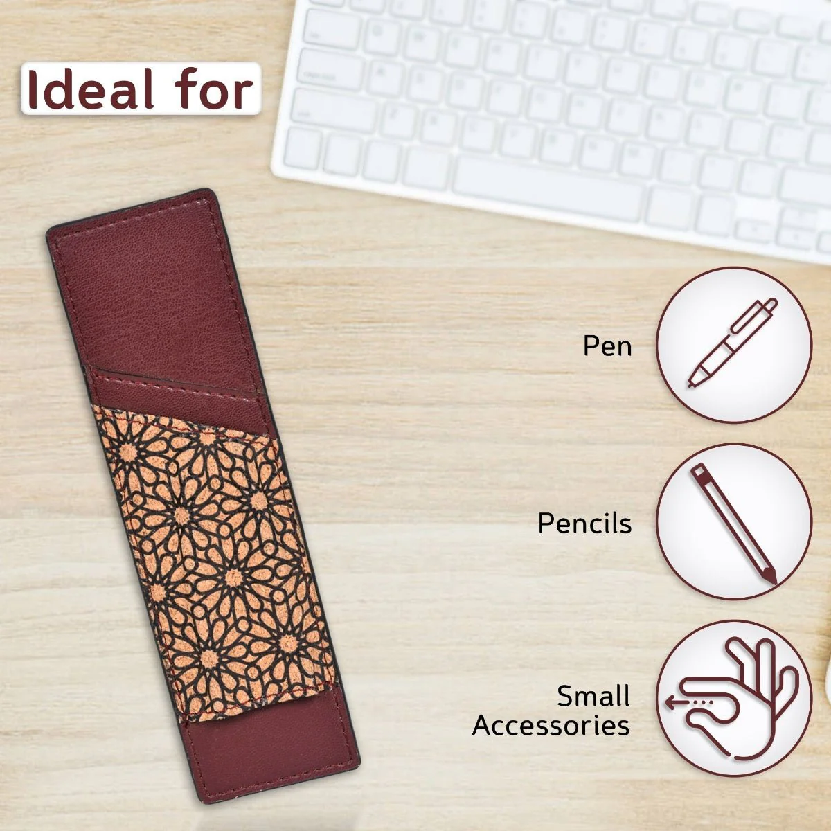 Pen Holder with Slot – Vegan Leather & Printed Cork (Maroon) - Image 3