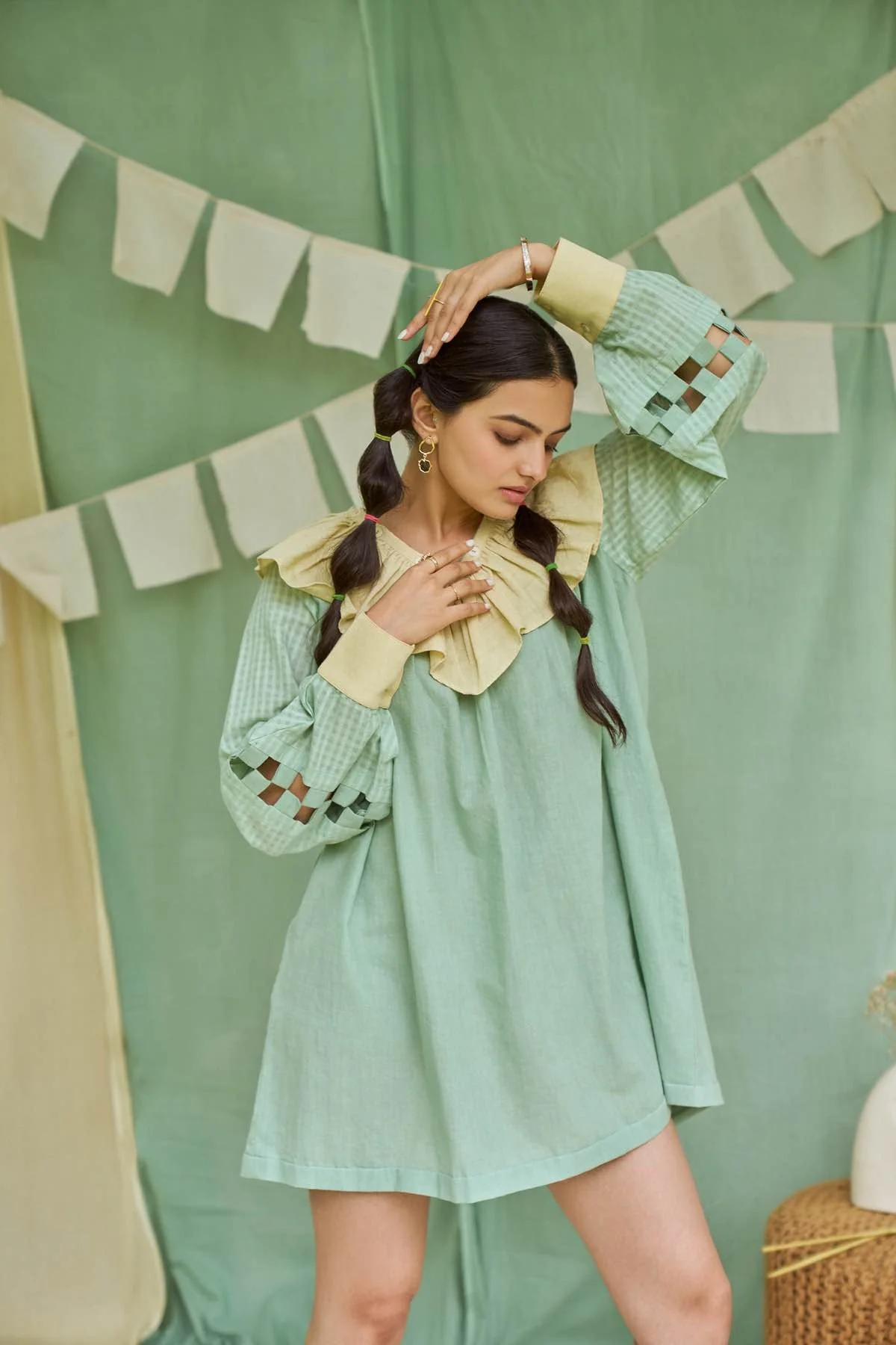 Pesto Mint Detachable Handloom Cotton Dress - Image 2