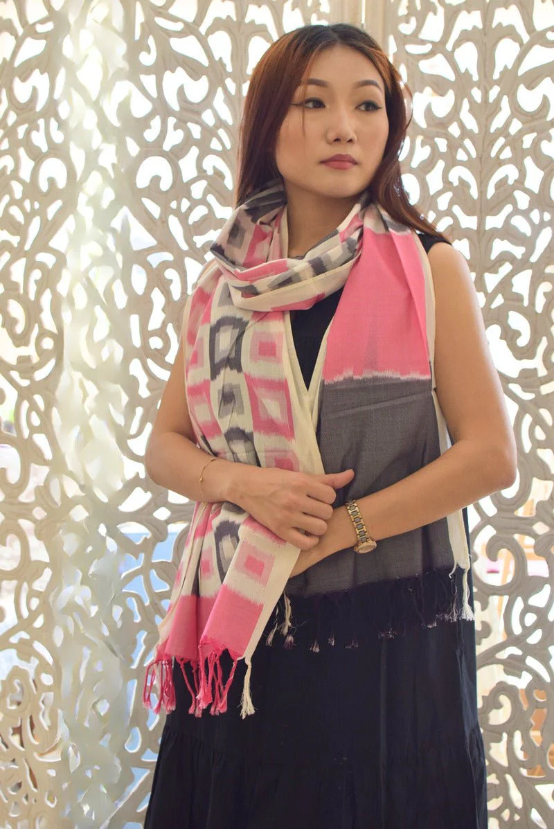 Pink Ikat Handwoven Stole | Artisan Woven Cotton Stole - Image 2