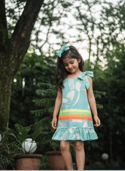 Girls Blue Cotton Dress with Shoulder Knot Regular Fit - Image 5