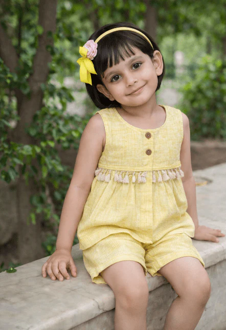 Lemon Pin Stripe Linen Peplum Top and Shorts For Girls | Regular Fit - Image 7