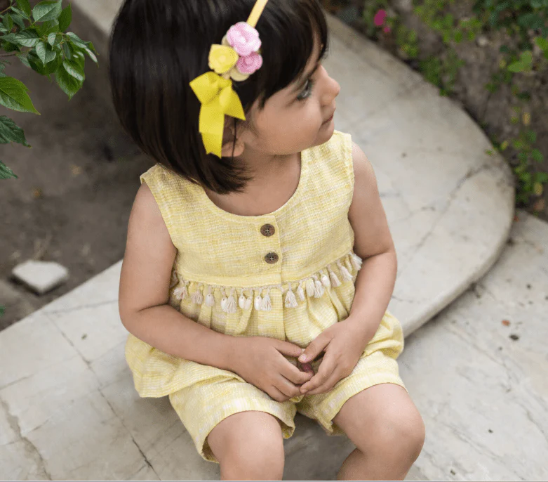 Lemon Pin Stripe Linen Peplum Top and Shorts For Girls | Regular Fit - Image 8